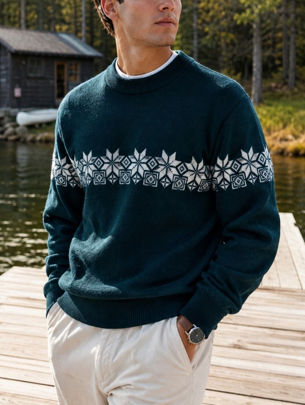 Vintage The Bay Men's Dark Teal Snowflake Crewneck Pure New Wool Sweater